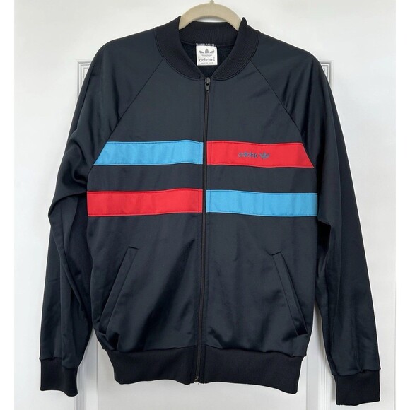 Vtg 80s Adidas Track Jacket Trefoil Mens M Black Stripe Zip Up Made In USA Retro - Picture 1 of 14